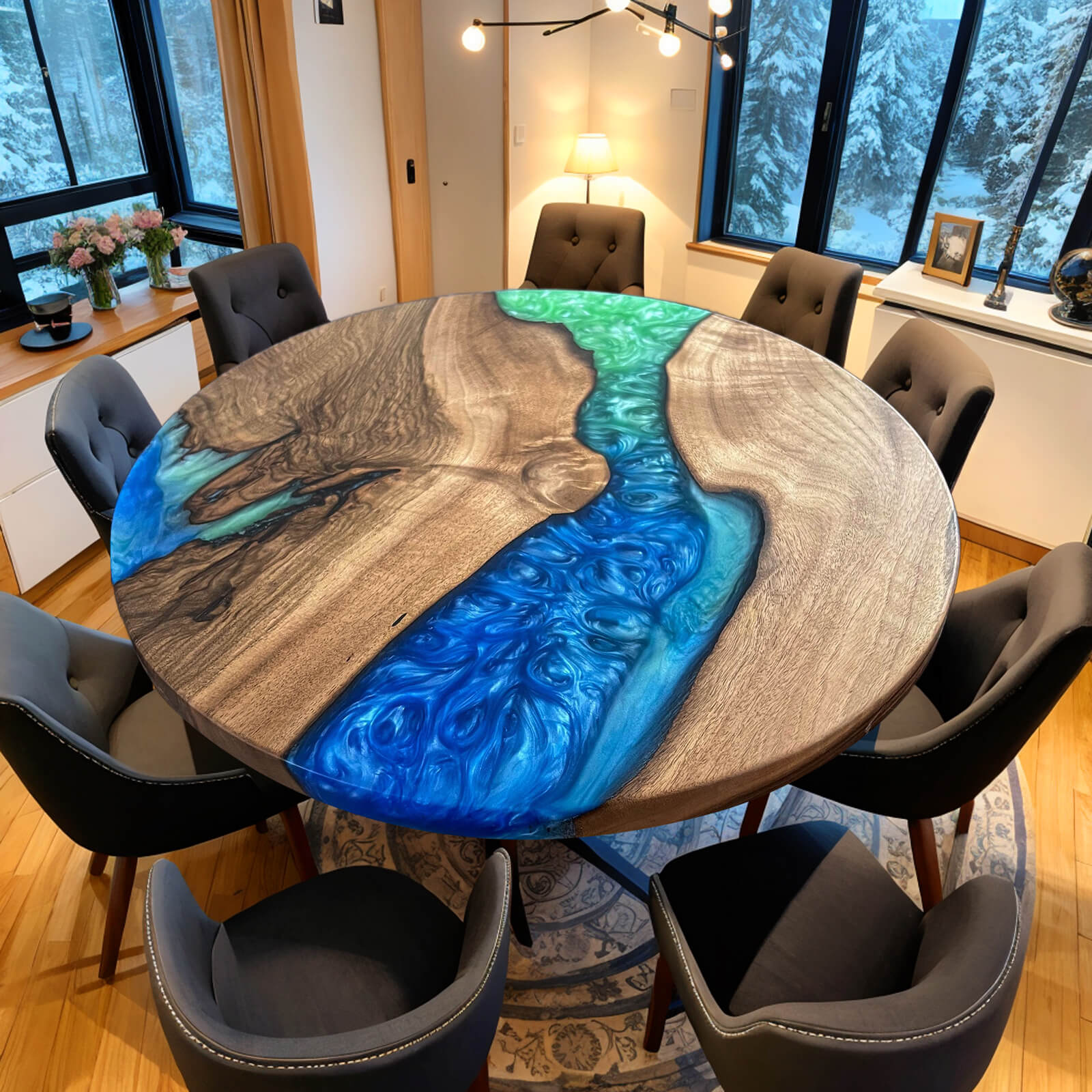 Custom Walnut Epoxy Resin Round Coffee Table Green&Blue Resin