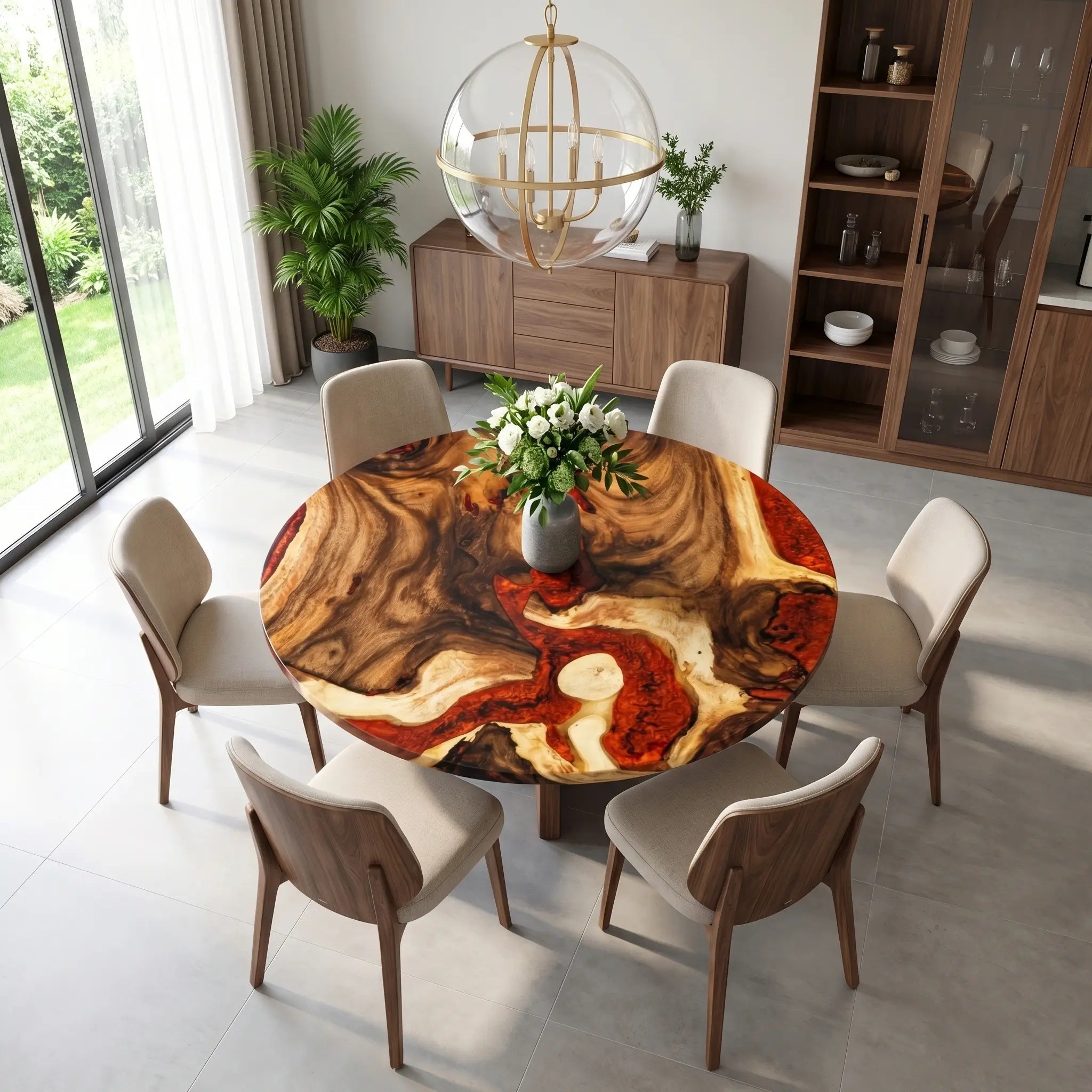 Custom Walnut Epoxy Resin Round Coffee Table Red Resin