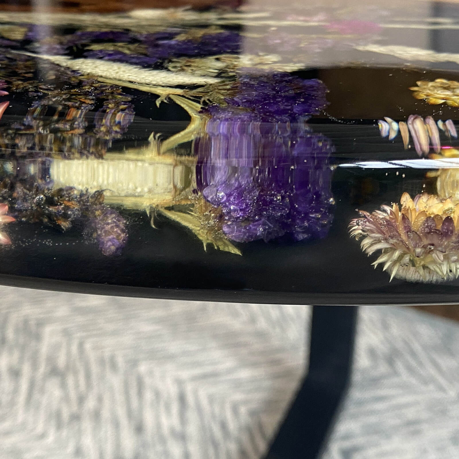 Custom Walnut Epoxy Resin Round Flower Coffee Table Black Resin