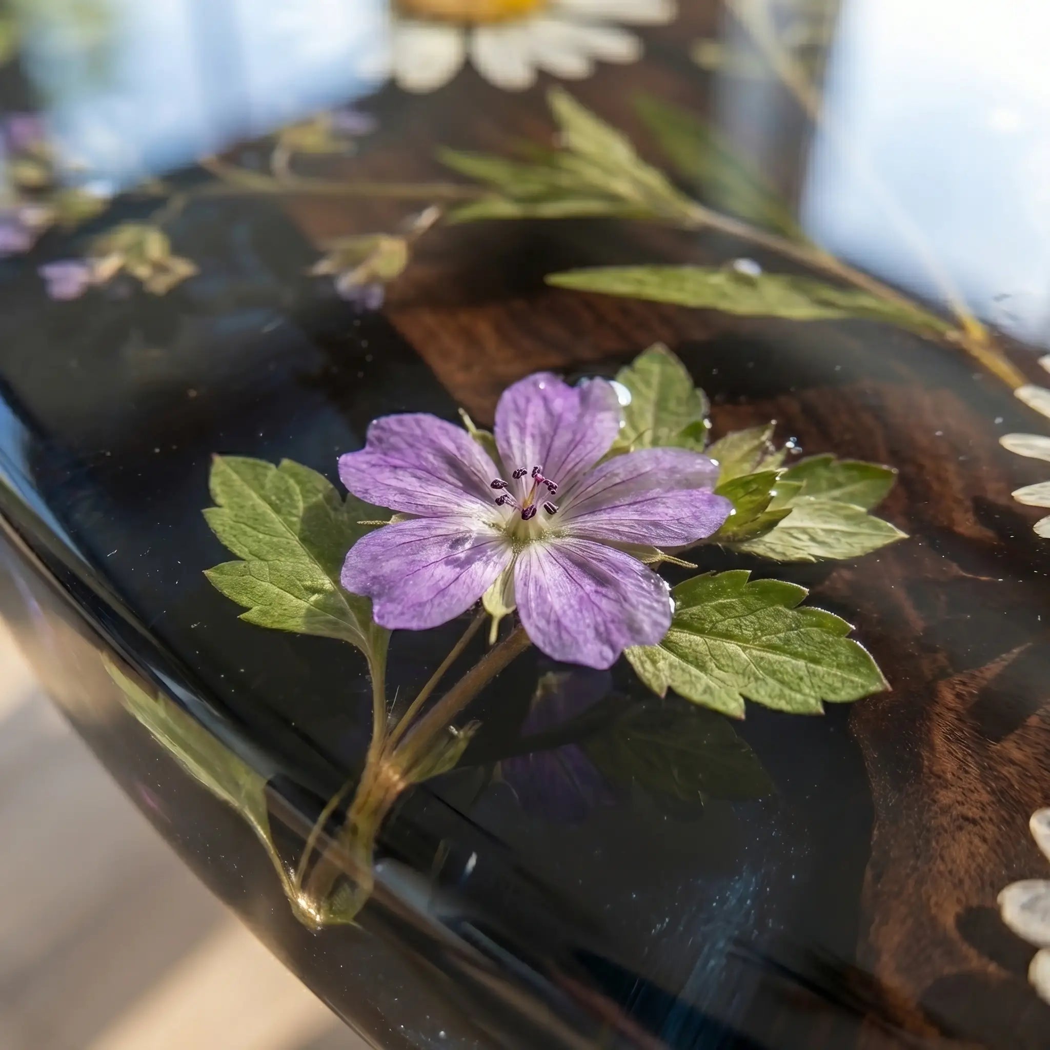 Custom Walnut Epoxy Resin Round Flower Coffee Table Black Resin