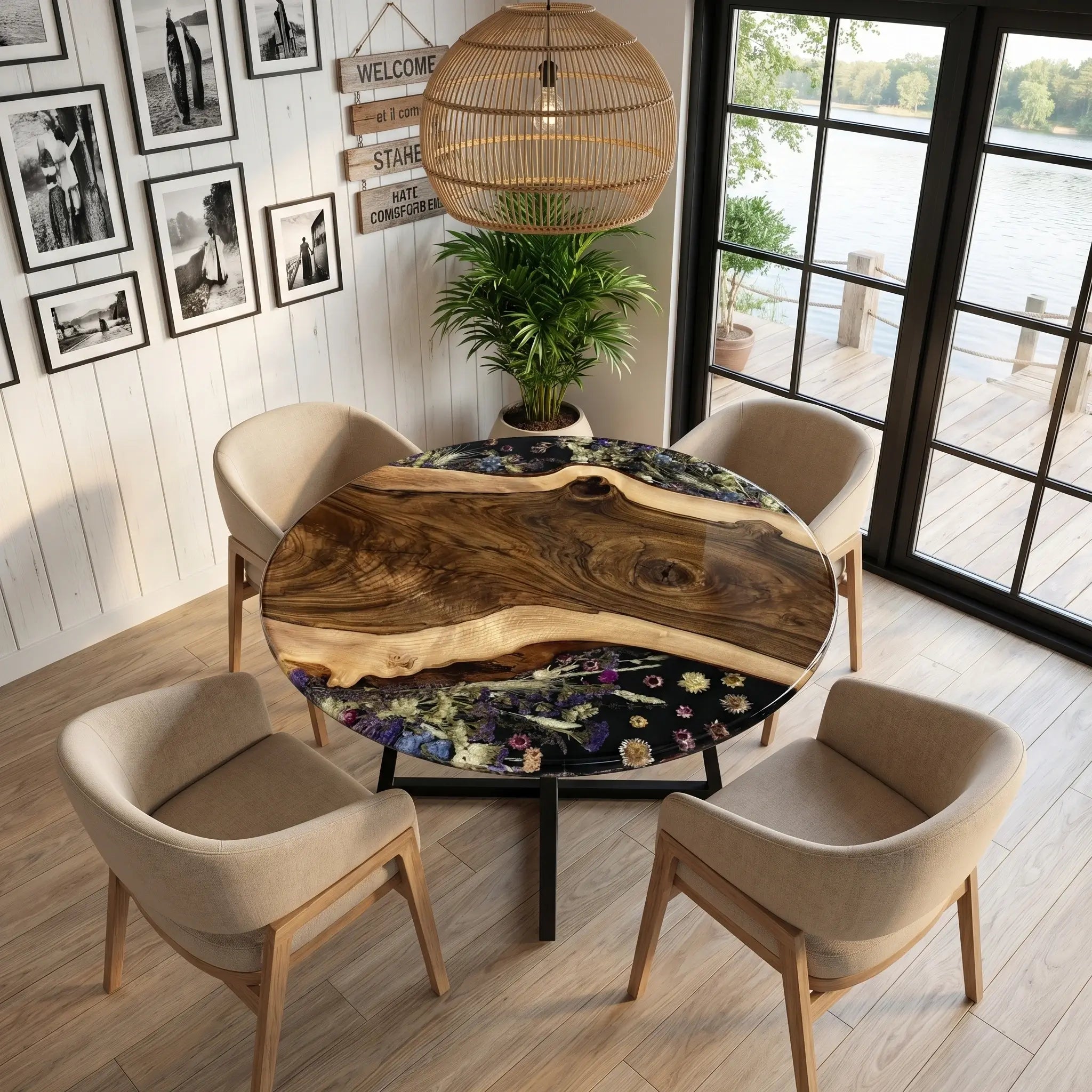 Custom Walnut Epoxy Resin Round Flower Coffee Table Black Resin