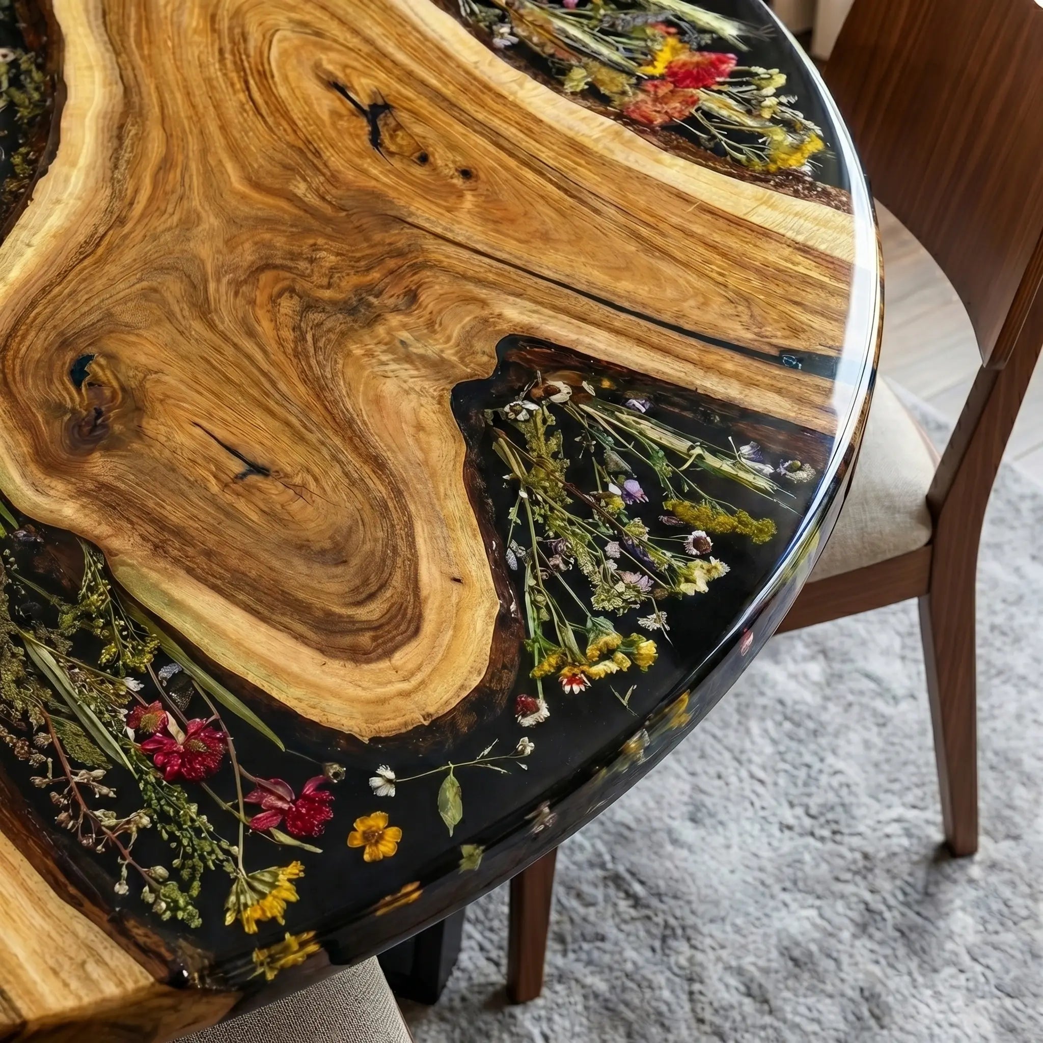 Custom Walnut Epoxy Resin Round Flower Coffee Table Black Resin
