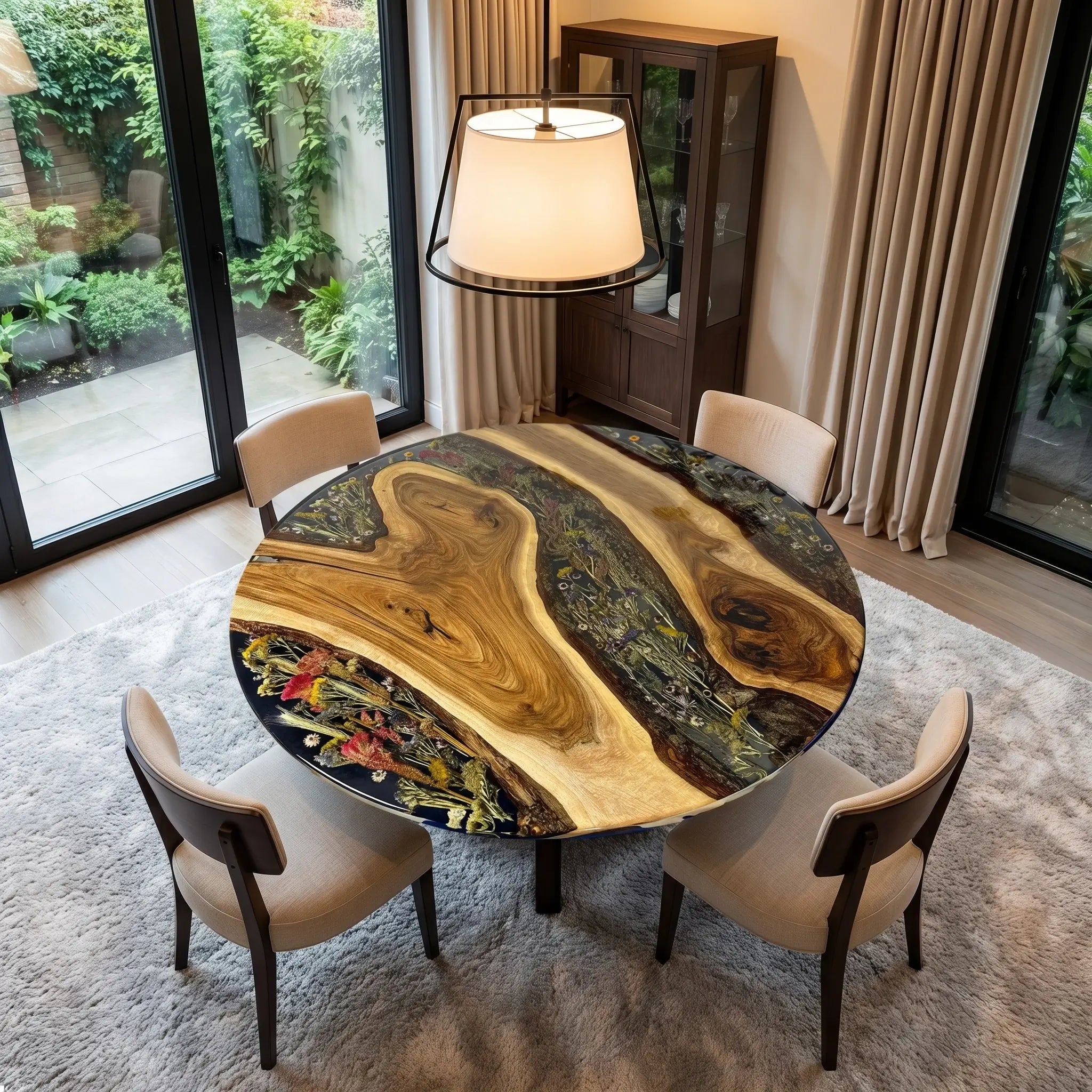 Custom Walnut Epoxy Resin Round Flower Coffee Table Black Resin