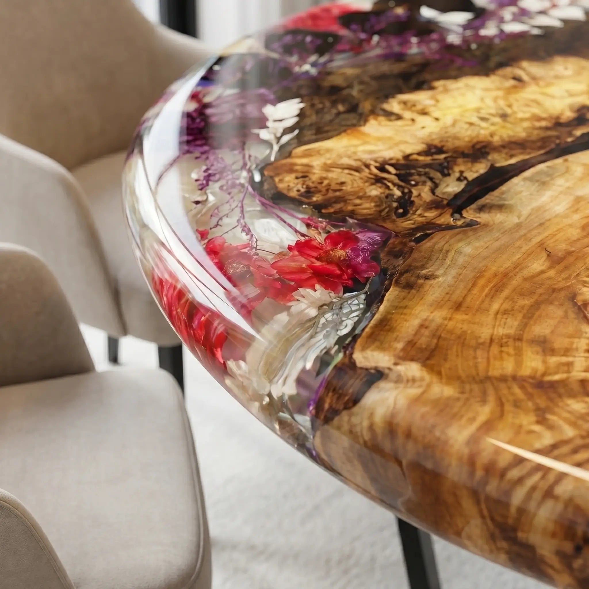 Custom Walnut Epoxy Resin Round Flower Coffee Table Clear Resin