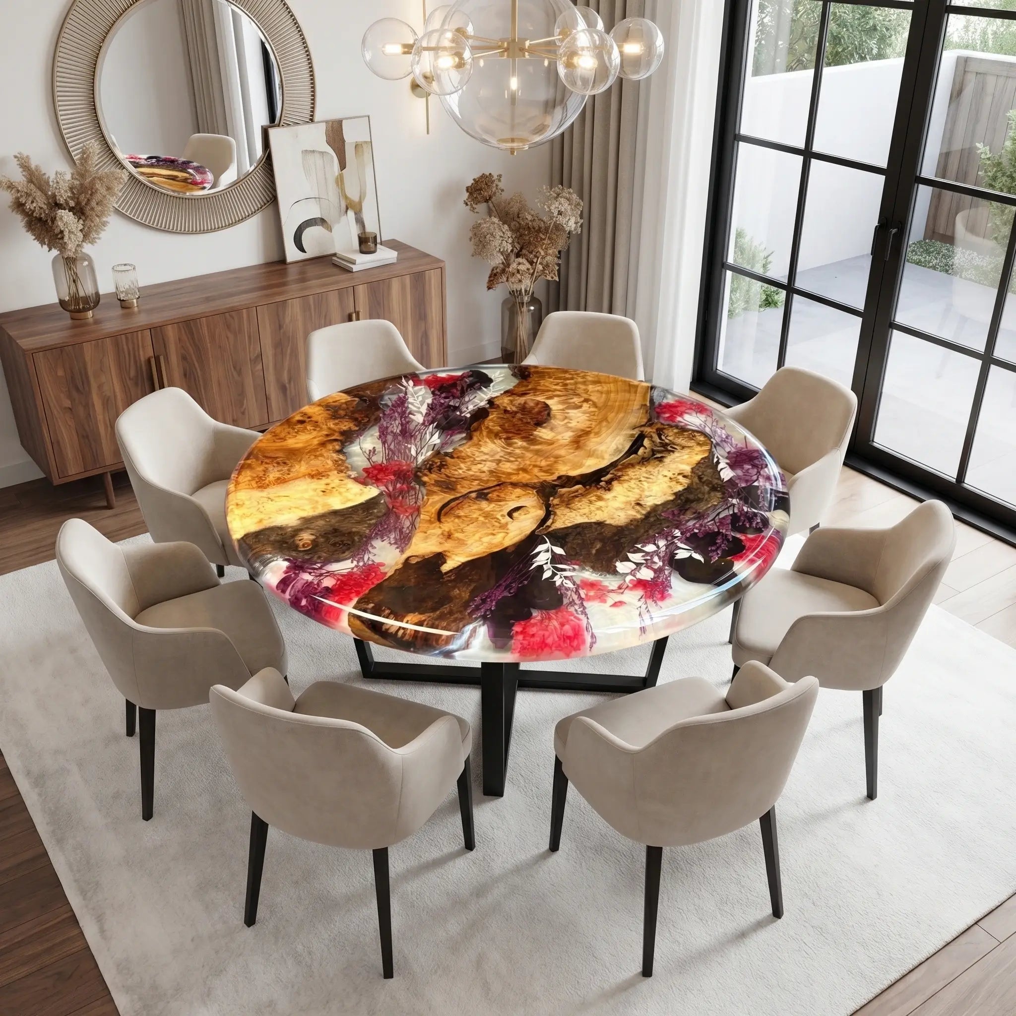 Custom Walnut Epoxy Resin Round Flower Coffee Table Clear Resin