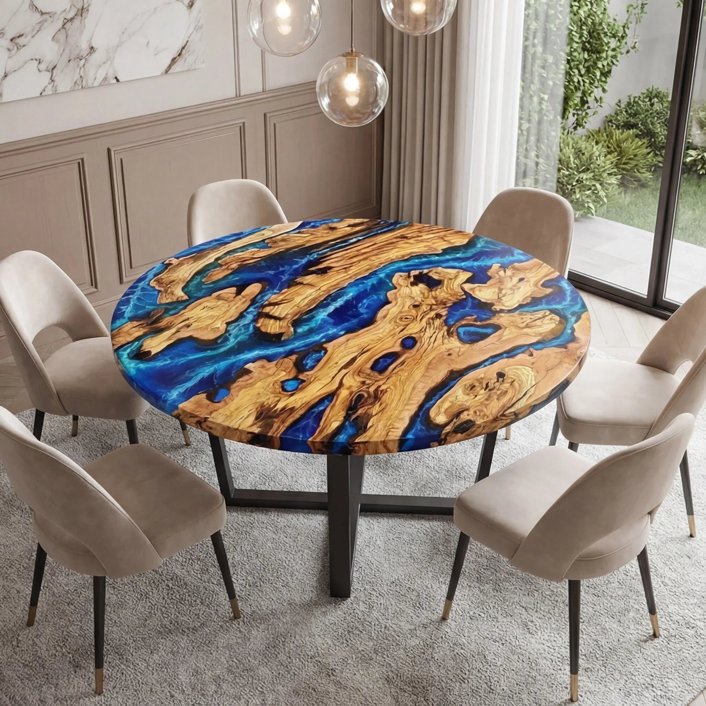 Custom Olive Epoxy Resin Round Coffee Table Blue Resin