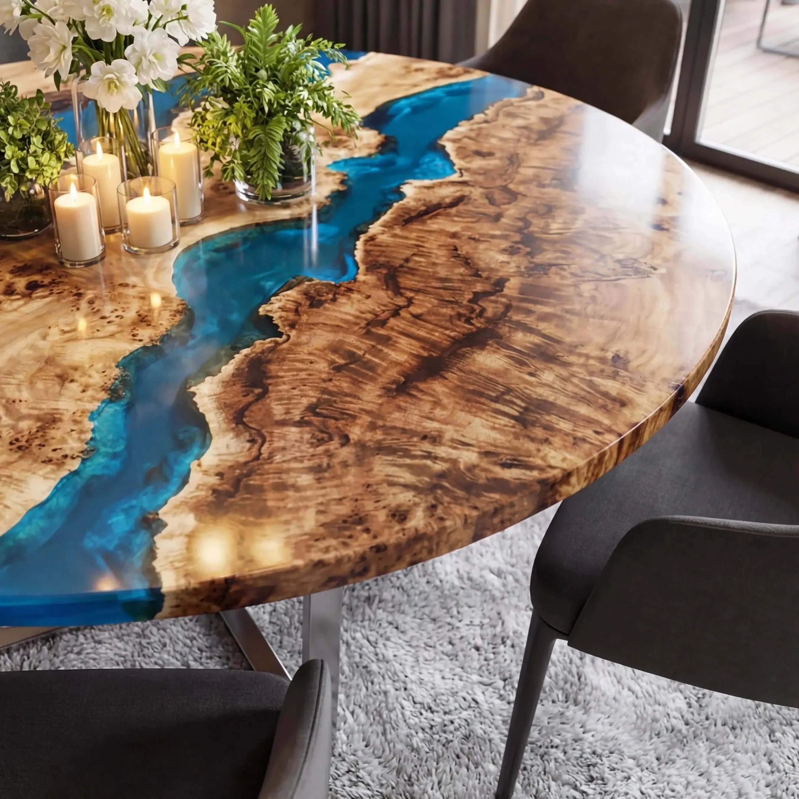 Custom Poplar Epoxy Resin Round Coffee Table Blue Resin