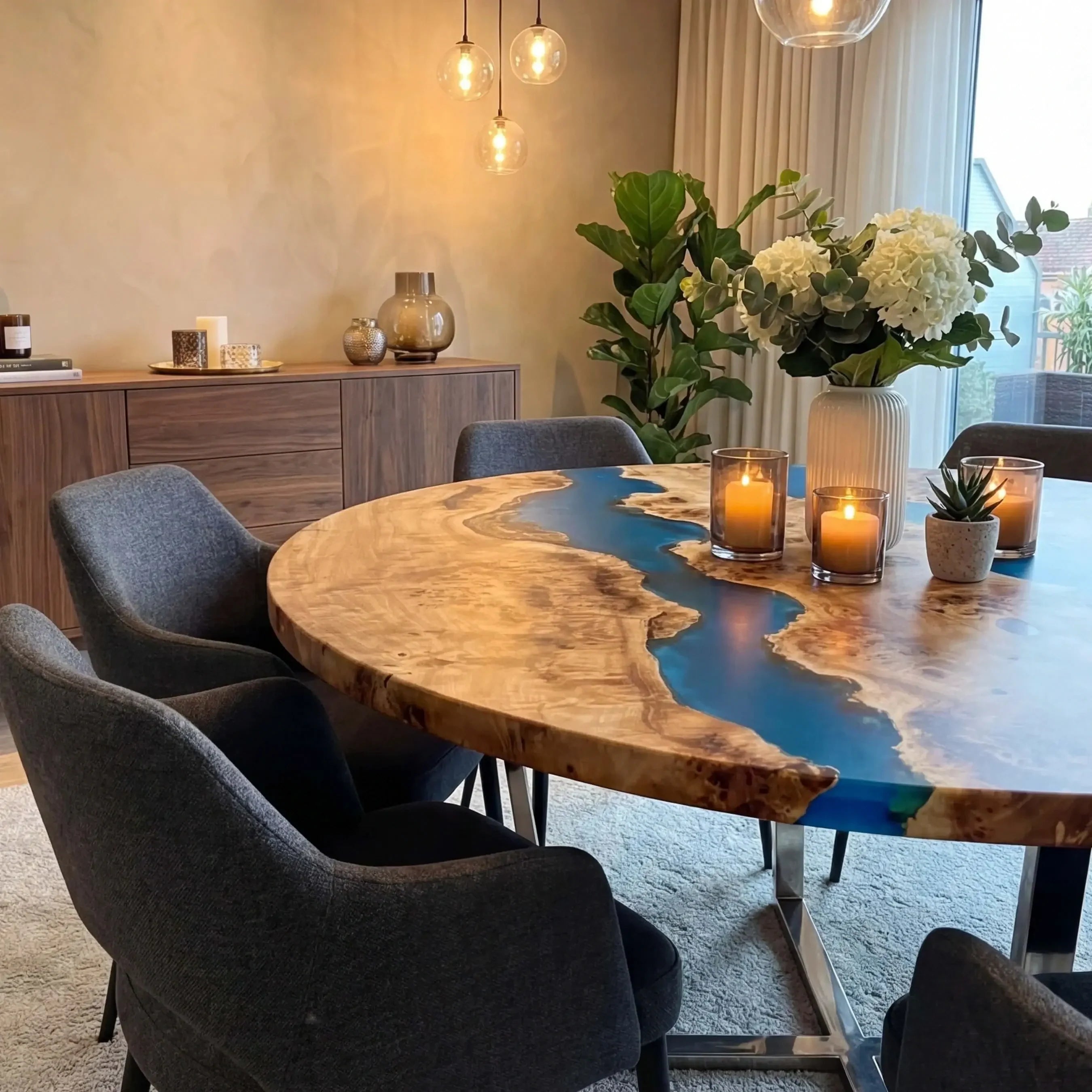 Custom Poplar Epoxy Resin Round Coffee Table Blue Resin
