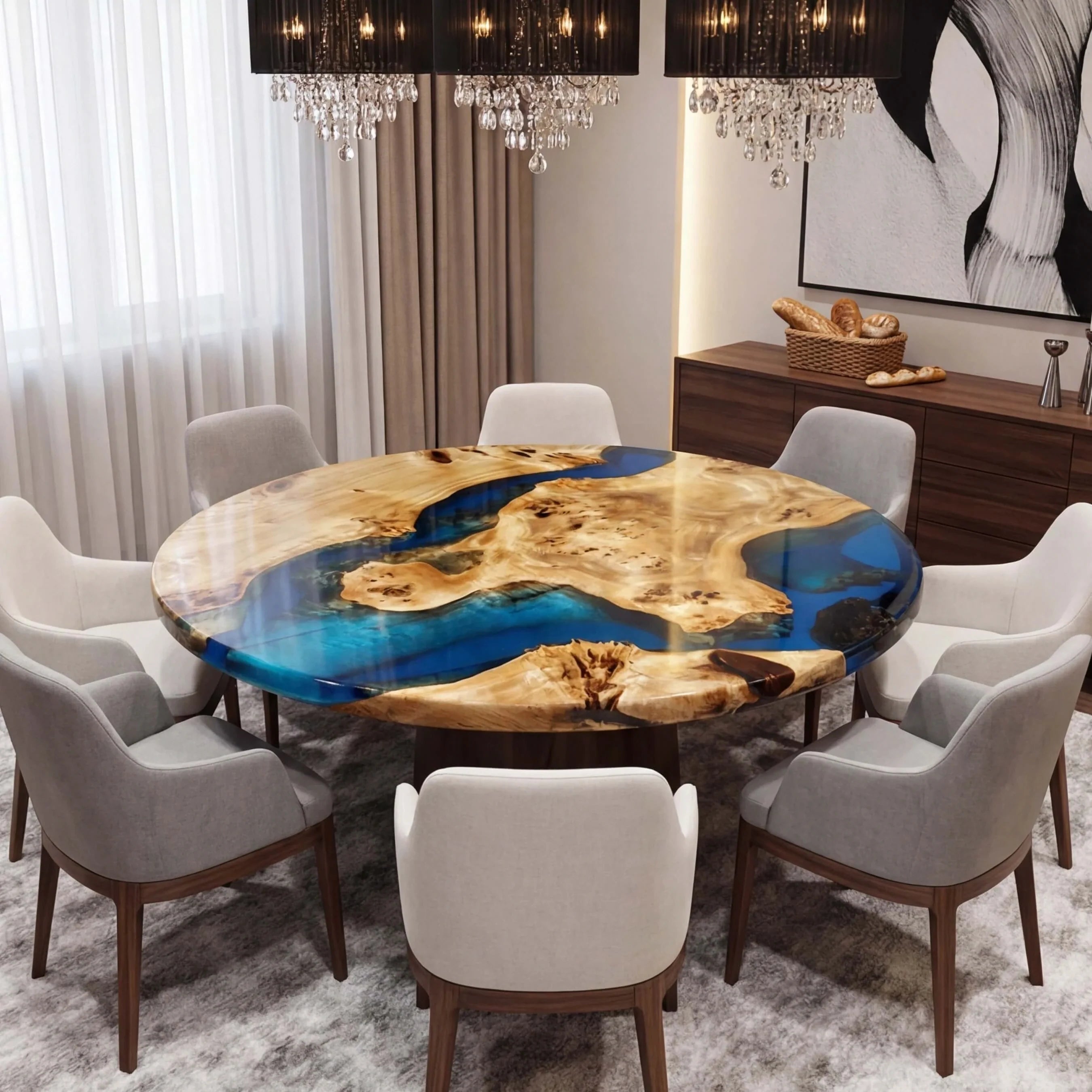 Custom Poplar Epoxy Resin Round Coffee Table Blue Resin