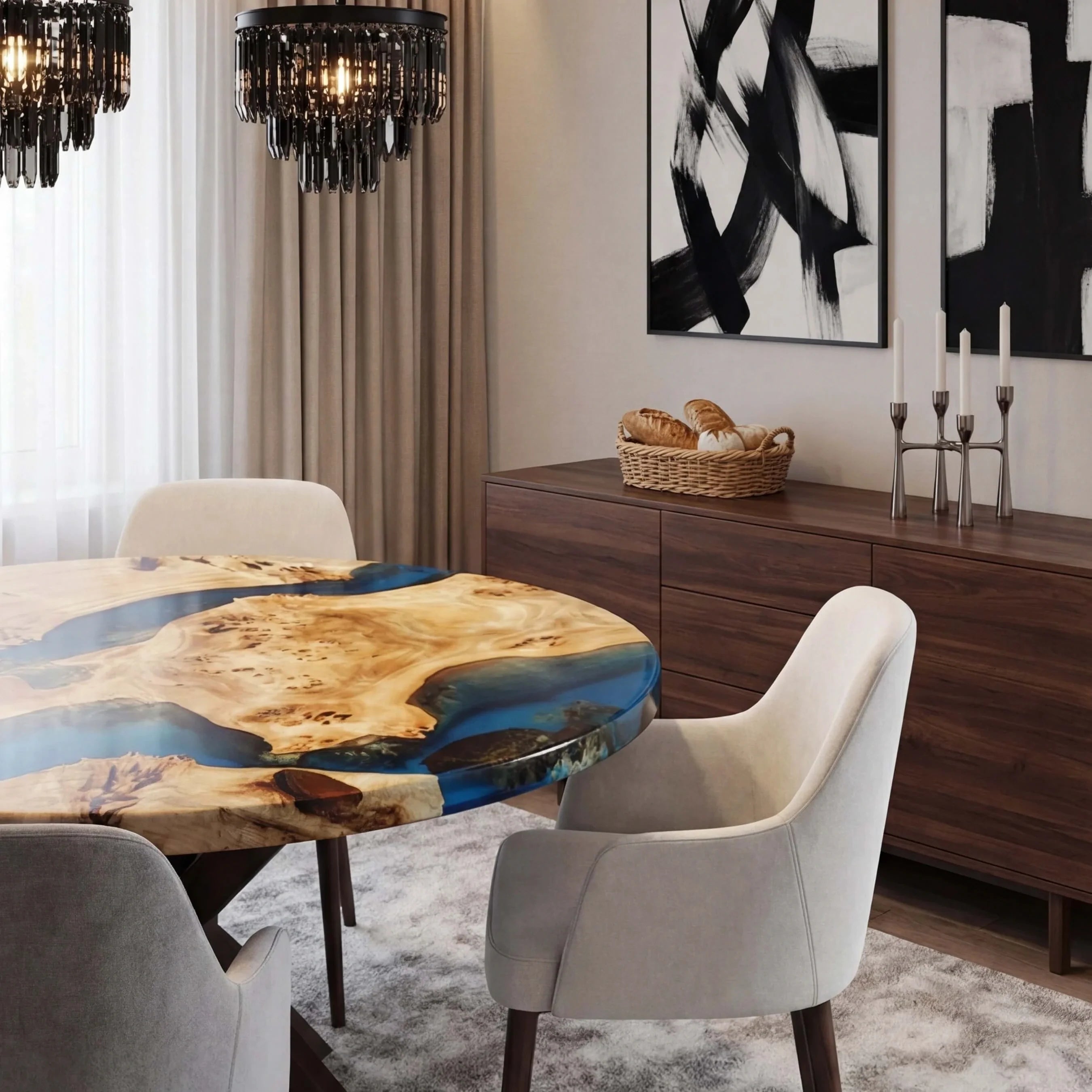Custom Poplar Epoxy Resin Round Coffee Table Blue Resin