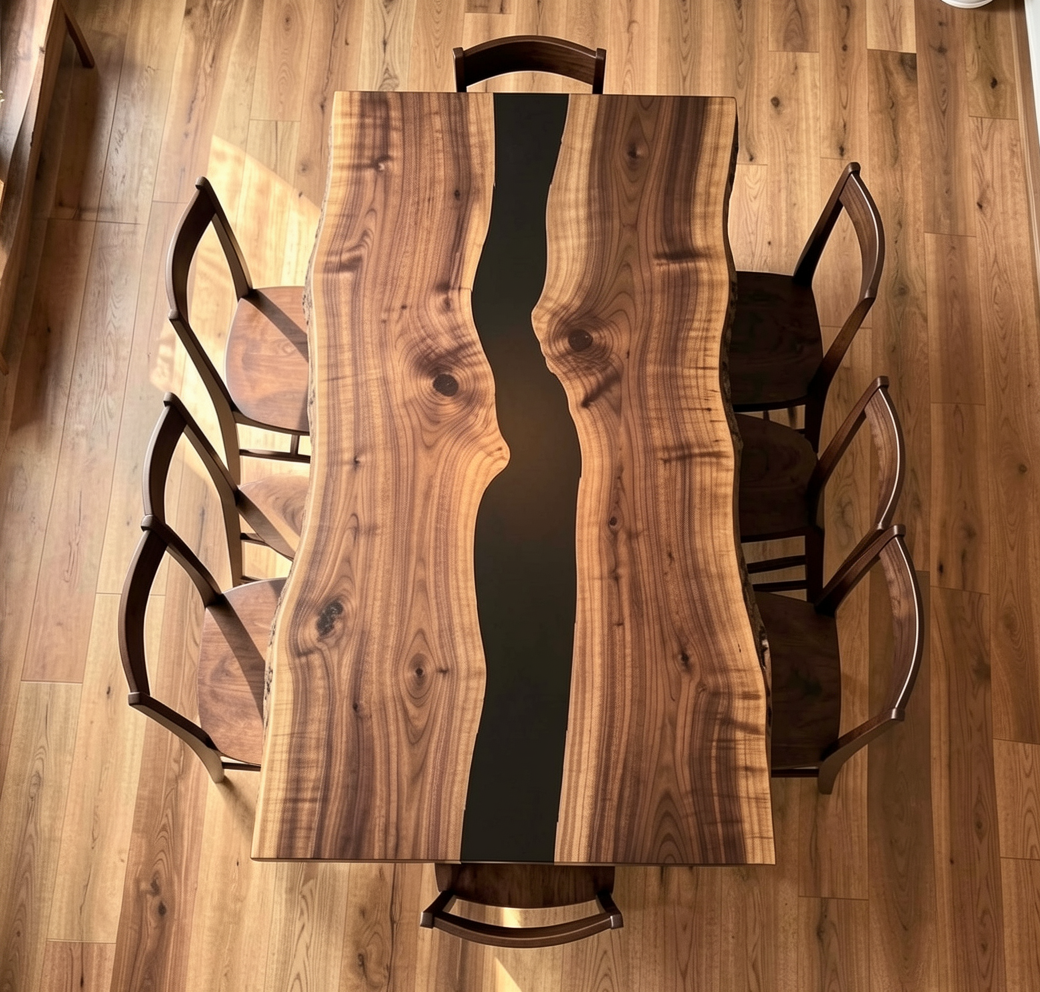 Custom Premium Rectangular Black Walnut Black Epoxy River Dining Table image 1