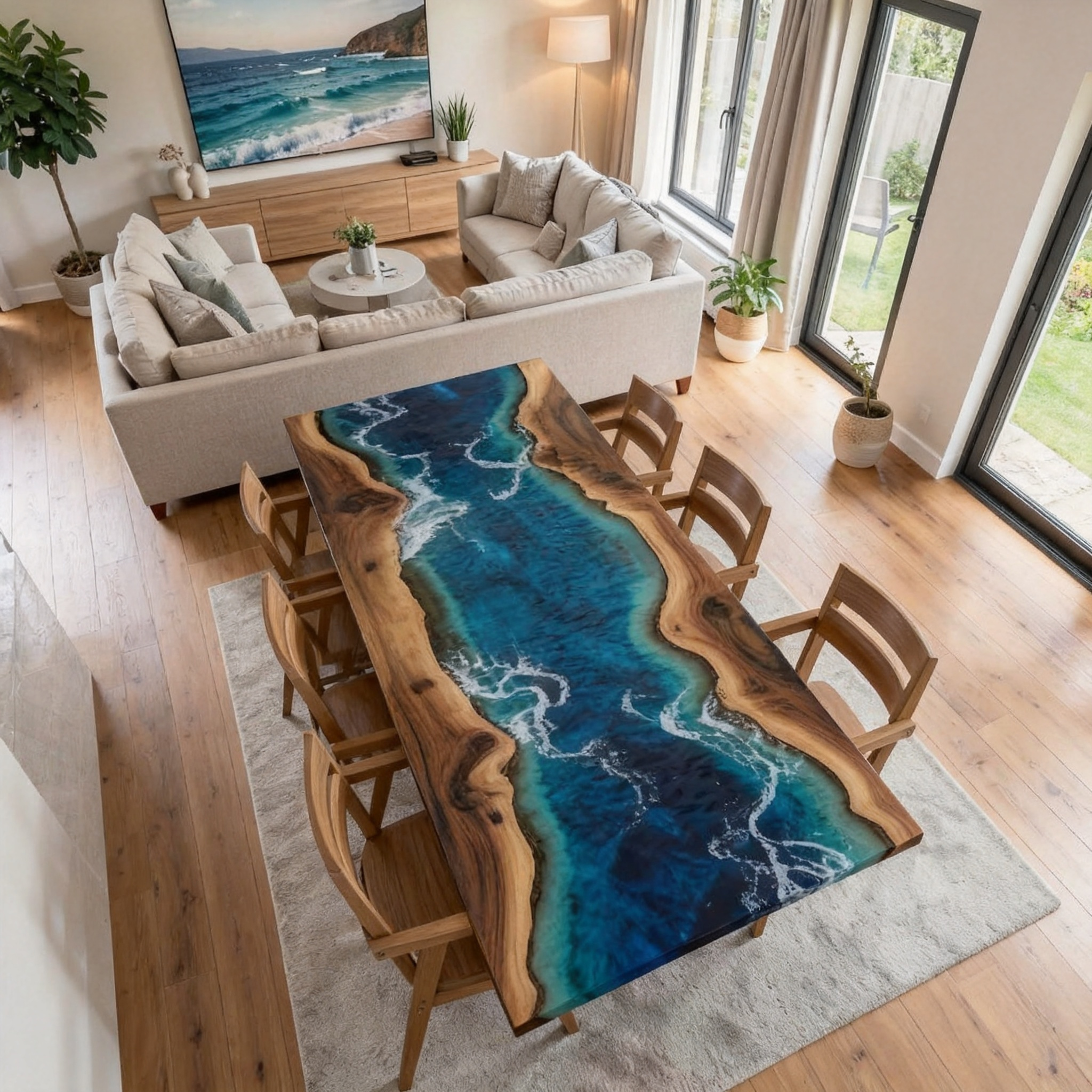 Custom Premium Rectangular Suar Wood Ocean Blue Epoxy River Dining Table image 1