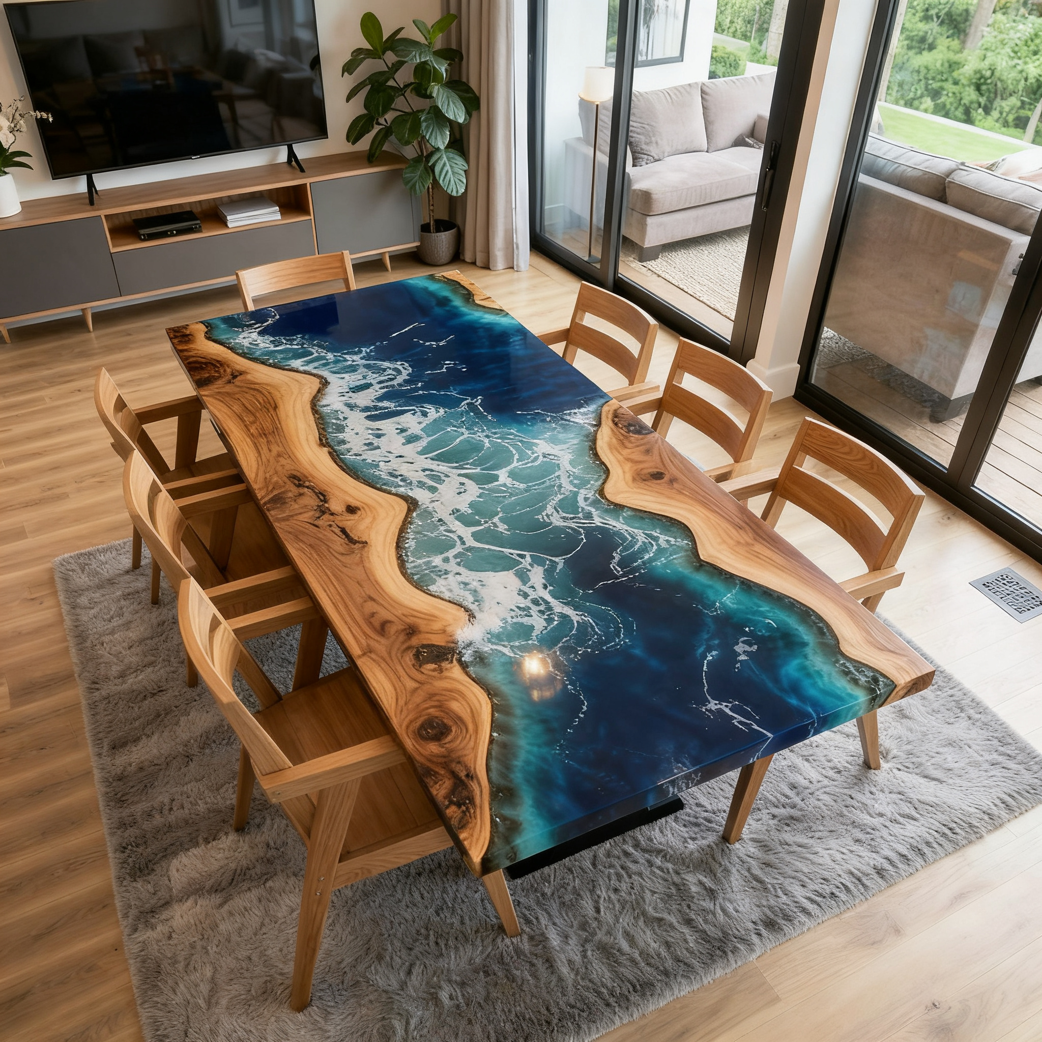 Custom Professional South American Walnut Ocean Ripple Resin Dining Table image 1