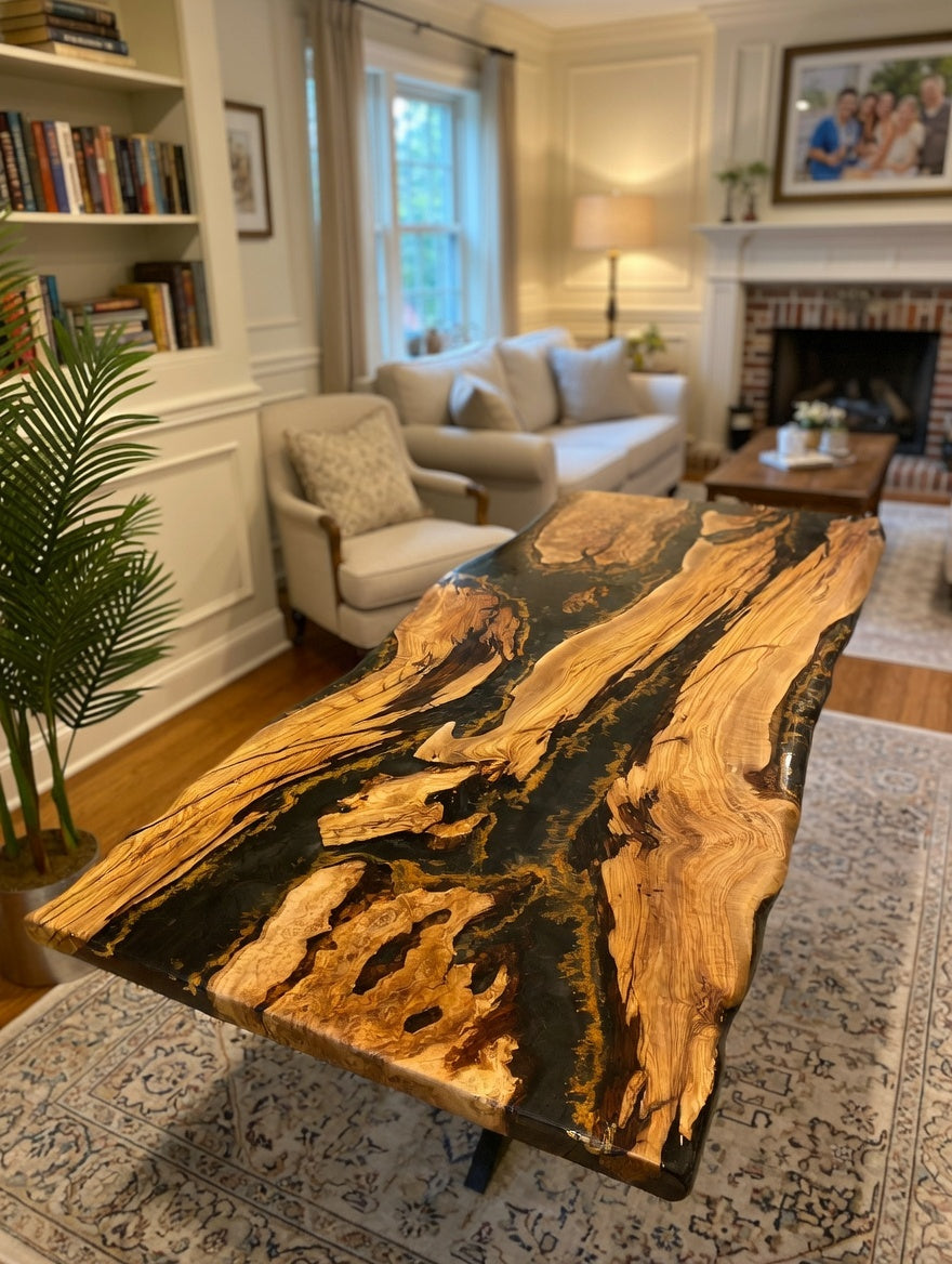 Customer Custom Premium Rectangular Olive Wood Black Epoxy River Dining Table image 1
