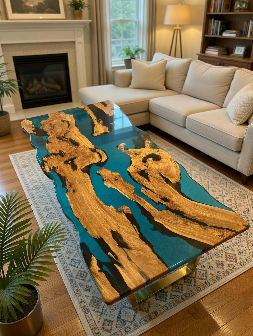 Customer Custom Premium Rectangular Olive Wood Vibrant Blue Epoxy Coffee Table image 1