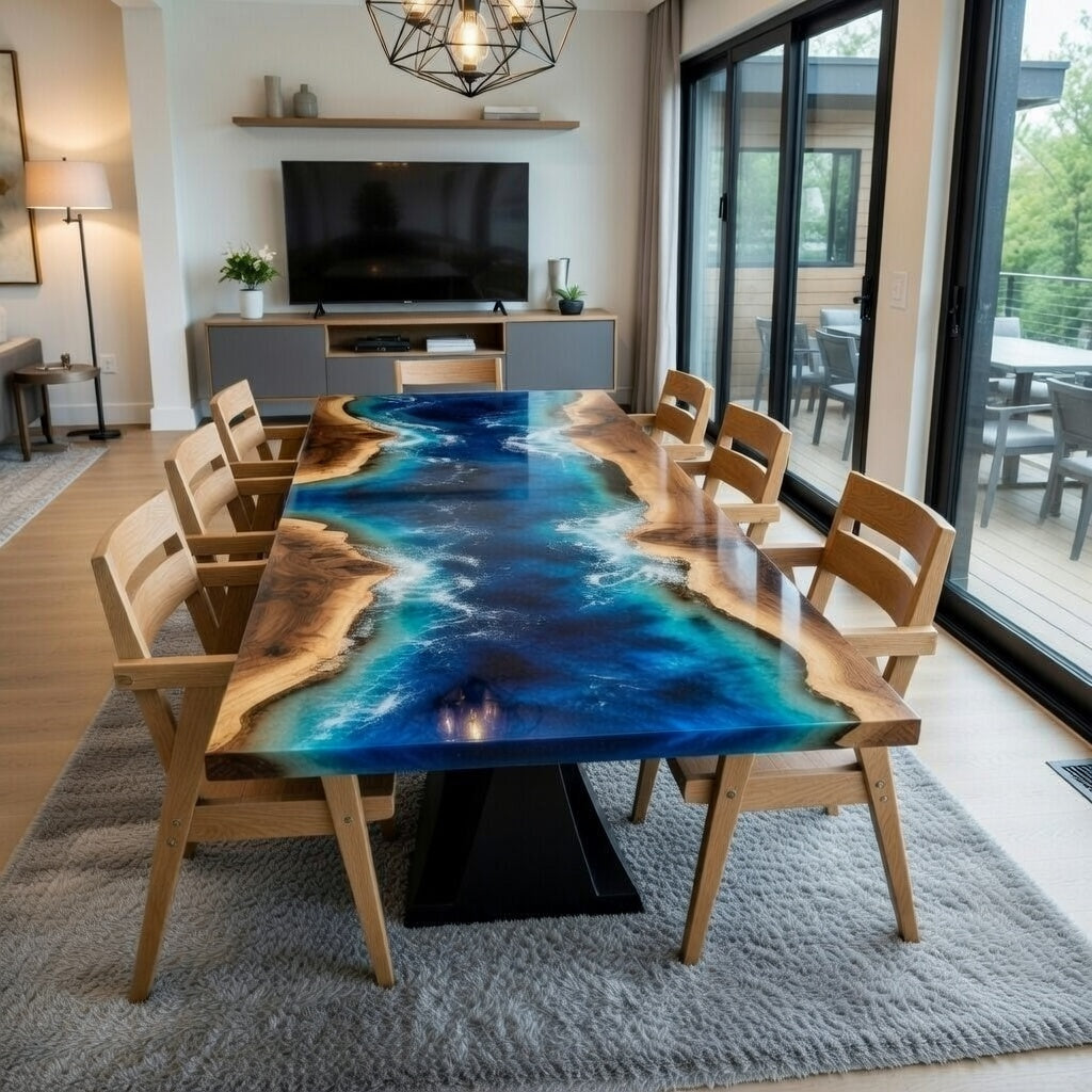 Customer Custom Premium Rectangular Suar Wood Blue Epoxy River Dining Table image 1
