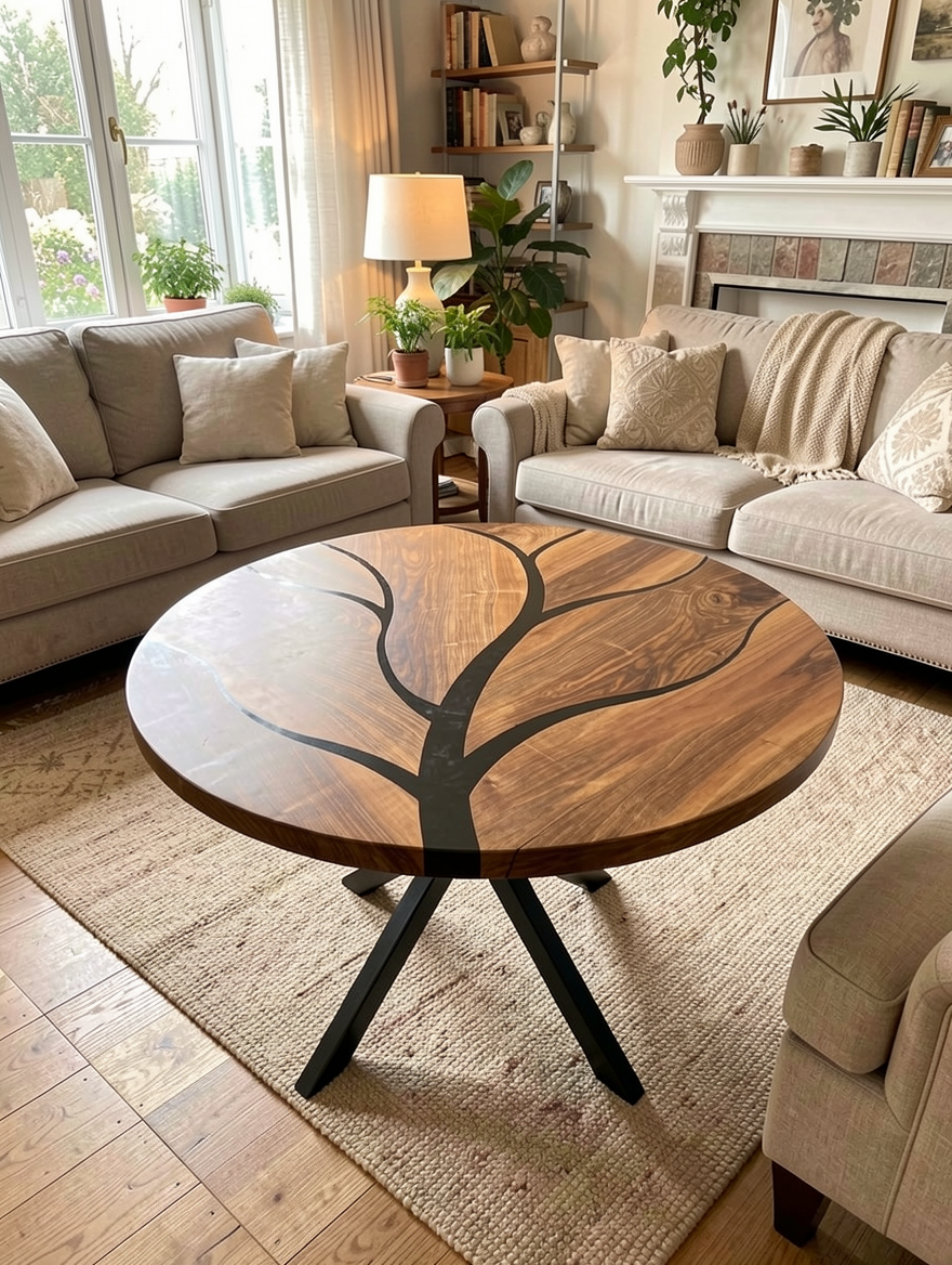 Customer Custom Premium Round Suar Wood Black Epoxy Tree Branch Dining Table image 1