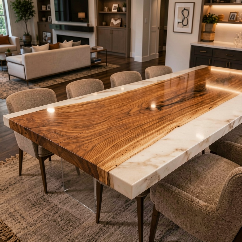 Black Walnut Wood with White Transparent Epoxy Resin Dining Table 31.5"W x 86.6"L Thickness 1.2"