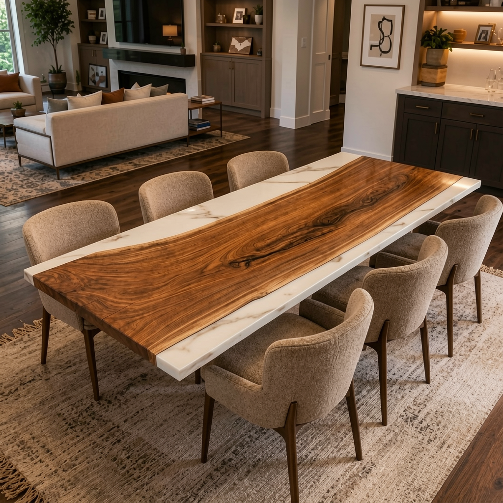 Black Walnut Wood with White Transparent Epoxy Resin Dining Table 31.5"W x 86.6"L Thickness 1.2"