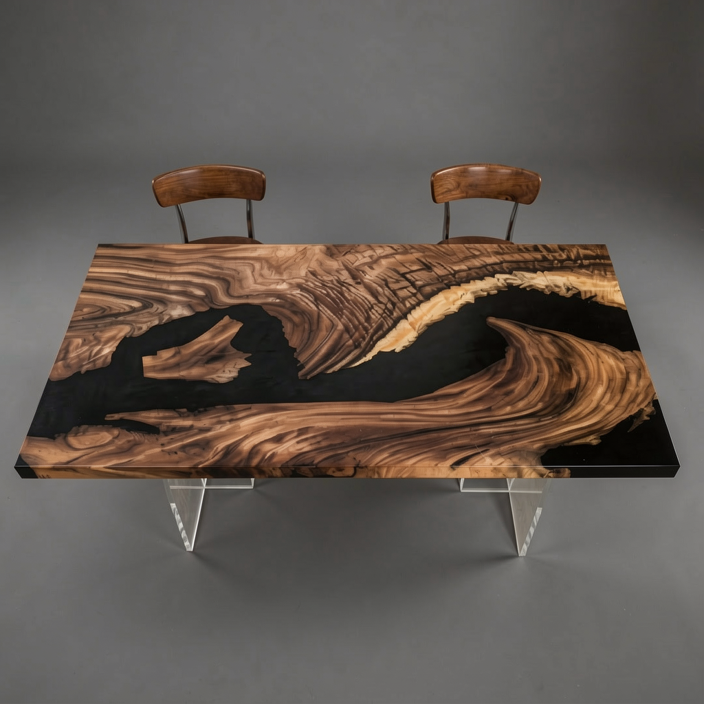 Ready-to-Ship Walnut Black Epoxy River Dining Table 84″ x 42″