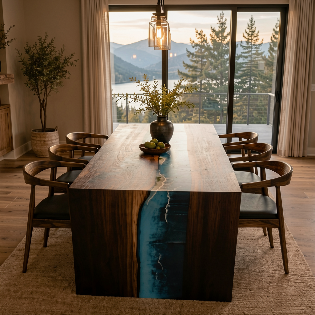 Walnut Ocean Wave Epoxy Waterfall Dining Table 84″ x 40″ x 30″H