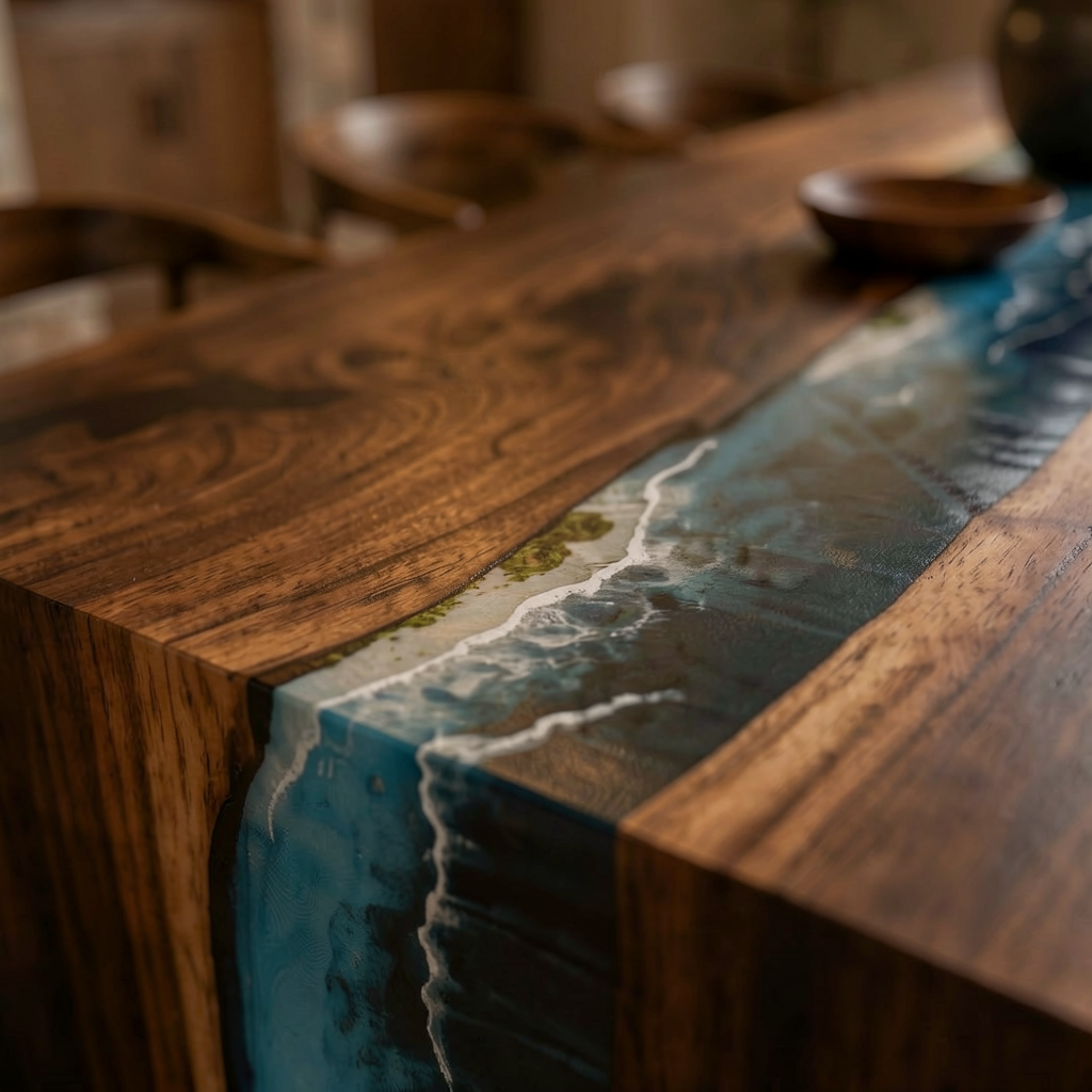 Walnut Ocean Wave Epoxy Waterfall Dining Table 84″ x 40″ x 30″H