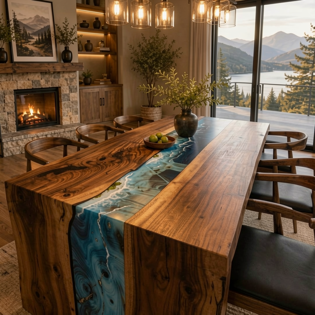 Walnut Ocean Wave Epoxy Waterfall Dining Table 84″ x 40″ x 30″H