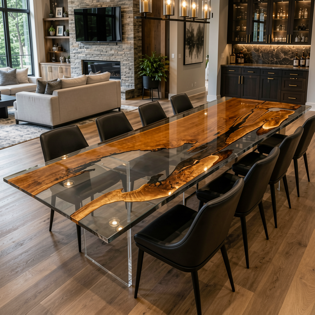 Black Walnut Wood with Black Transparent Epoxy Resin Dining Table 39.4"W x 137.8"L Thickness 2.4"
