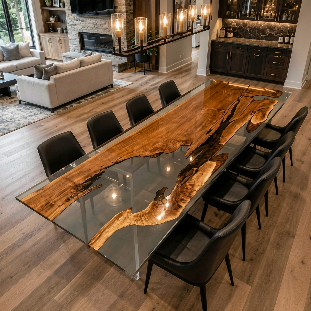 Black Walnut Wood with Black Transparent Epoxy Resin Dining Table 39.4"W x 137.8"L Thickness 2.4"