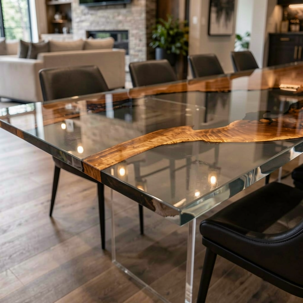 Black Walnut Wood with Black Transparent Epoxy Resin Dining Table 39.4"W x 137.8"L Thickness 2.4"