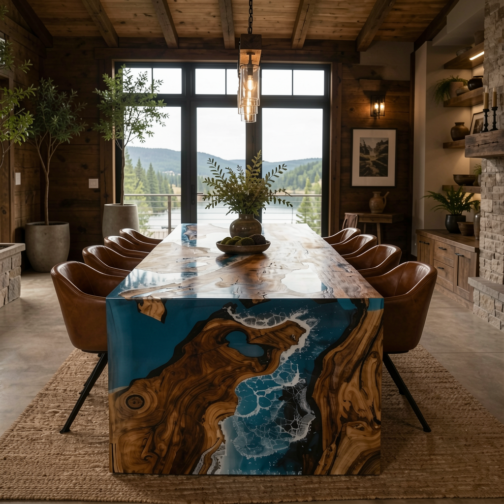 Waterfall Epoxy Dining Table – Coastal River Resin & Live Edge Walnut Table 108″ x 44″ x 30″
