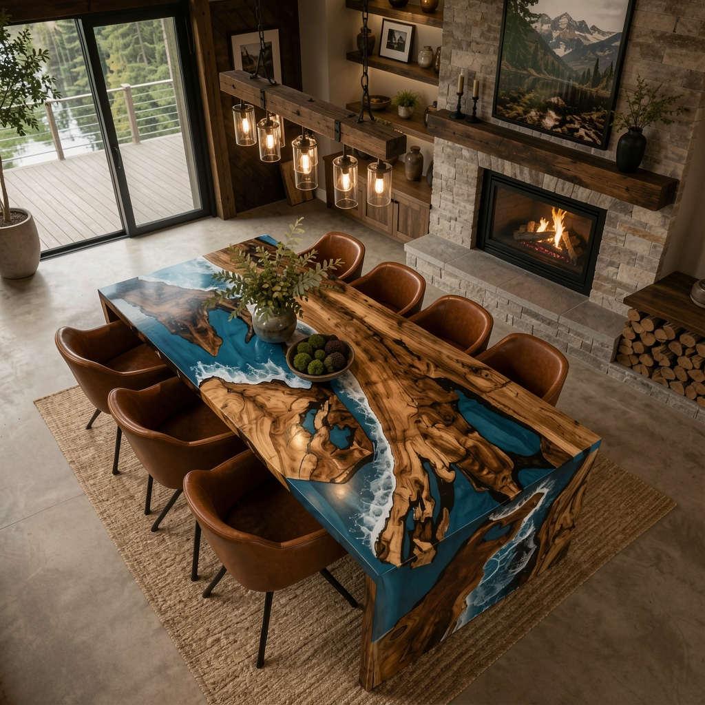 Waterfall Epoxy Dining Table – Coastal River Resin & Live Edge Walnut Table 108″ x 44″ x 30″