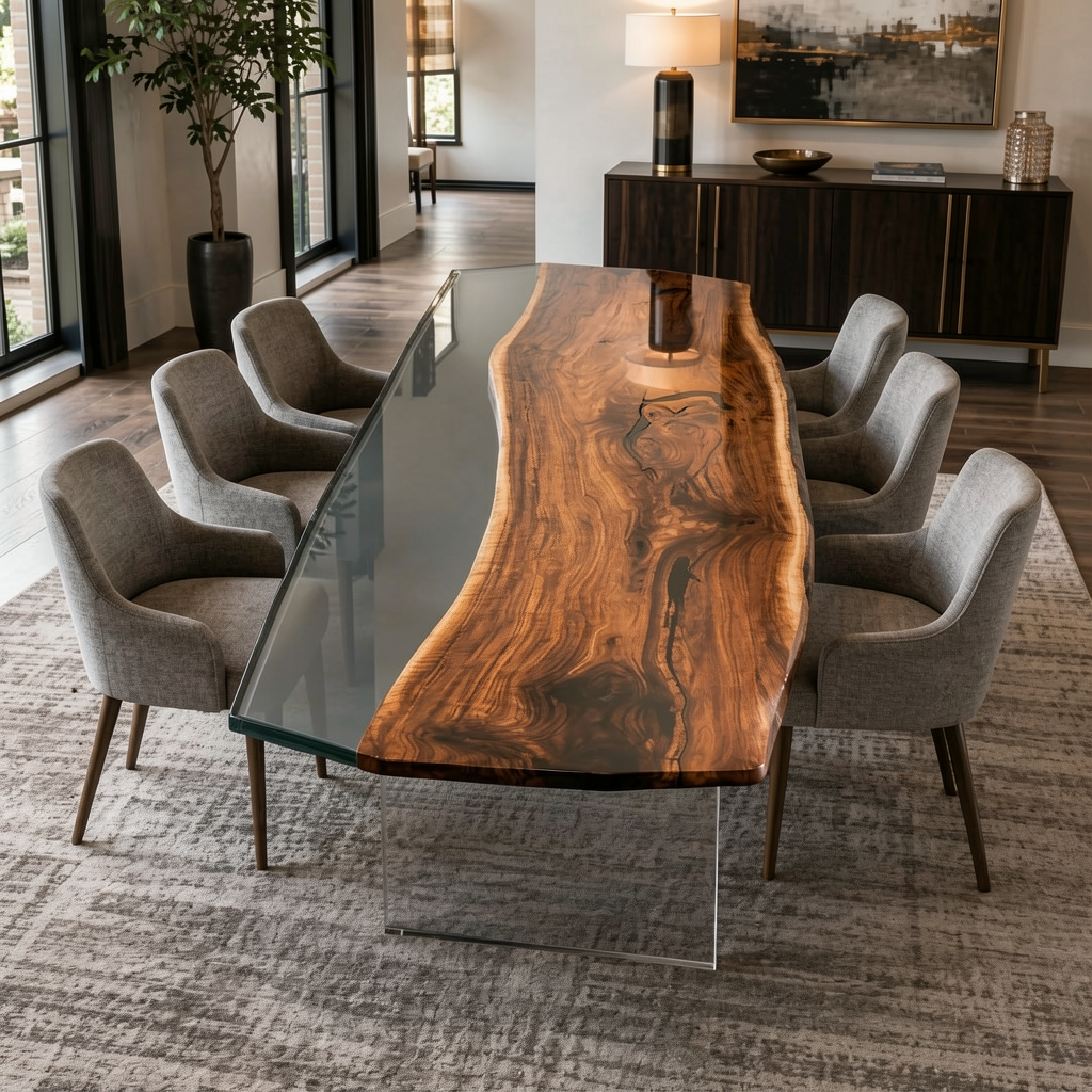 Black Walnut Wood with Black Transparent Epoxy Resin Dining Table 39.4"W x 94.5"L Thickness 2.4"
