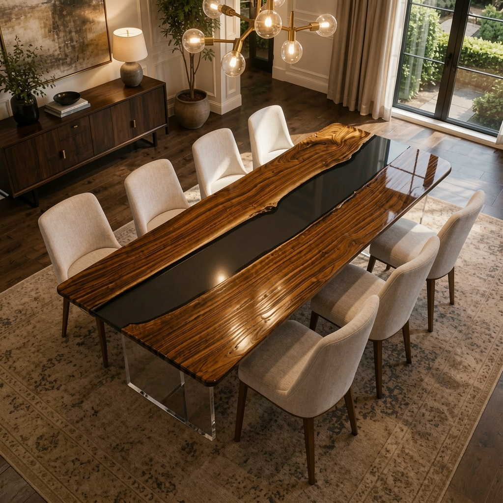 Black Walnut Wood with Transparent Epoxy Resin Dining Table 31.5"W x 78.7"L Thickness 2.0"