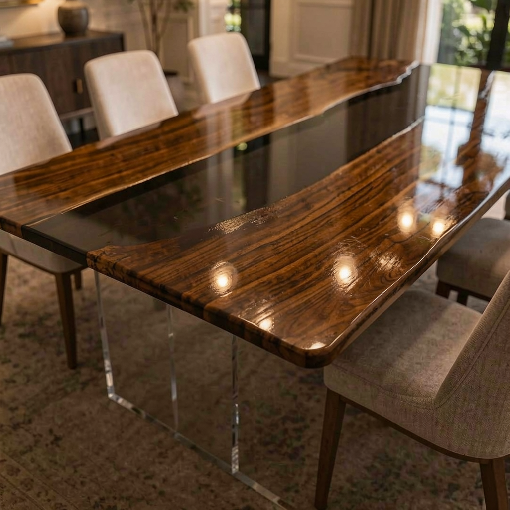Black Walnut Wood with Transparent Epoxy Resin Dining Table 31.5"W x 78.7"L Thickness 2.0"