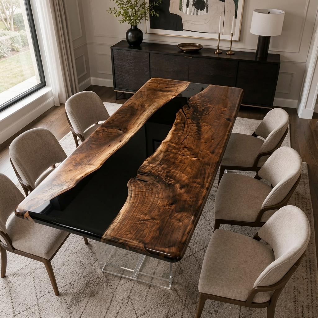Black Walnut with Black Epoxy Resin Dining Table 31.5"W x 70.9"L Thickness 2.0"