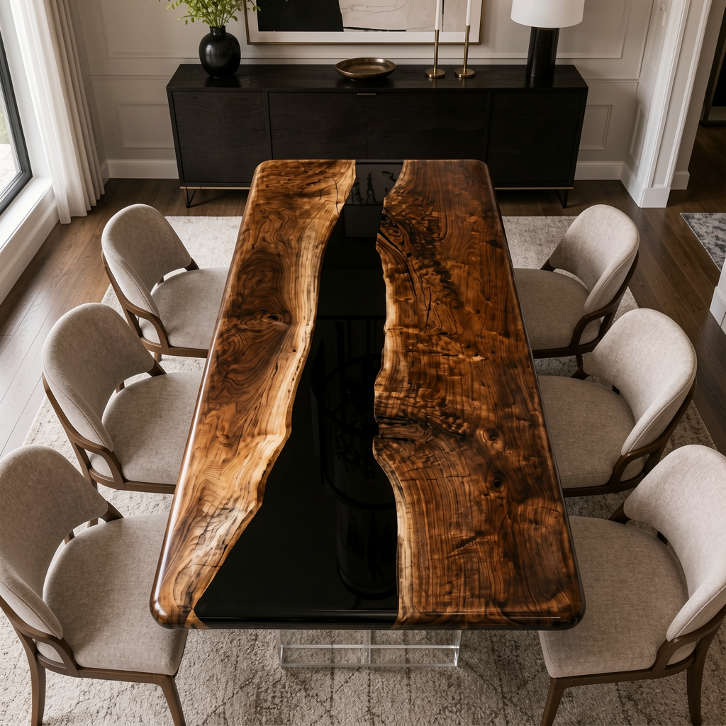 Black Walnut with Black Epoxy Resin Dining Table 31.5"W x 70.9"L Thickness 2.0"