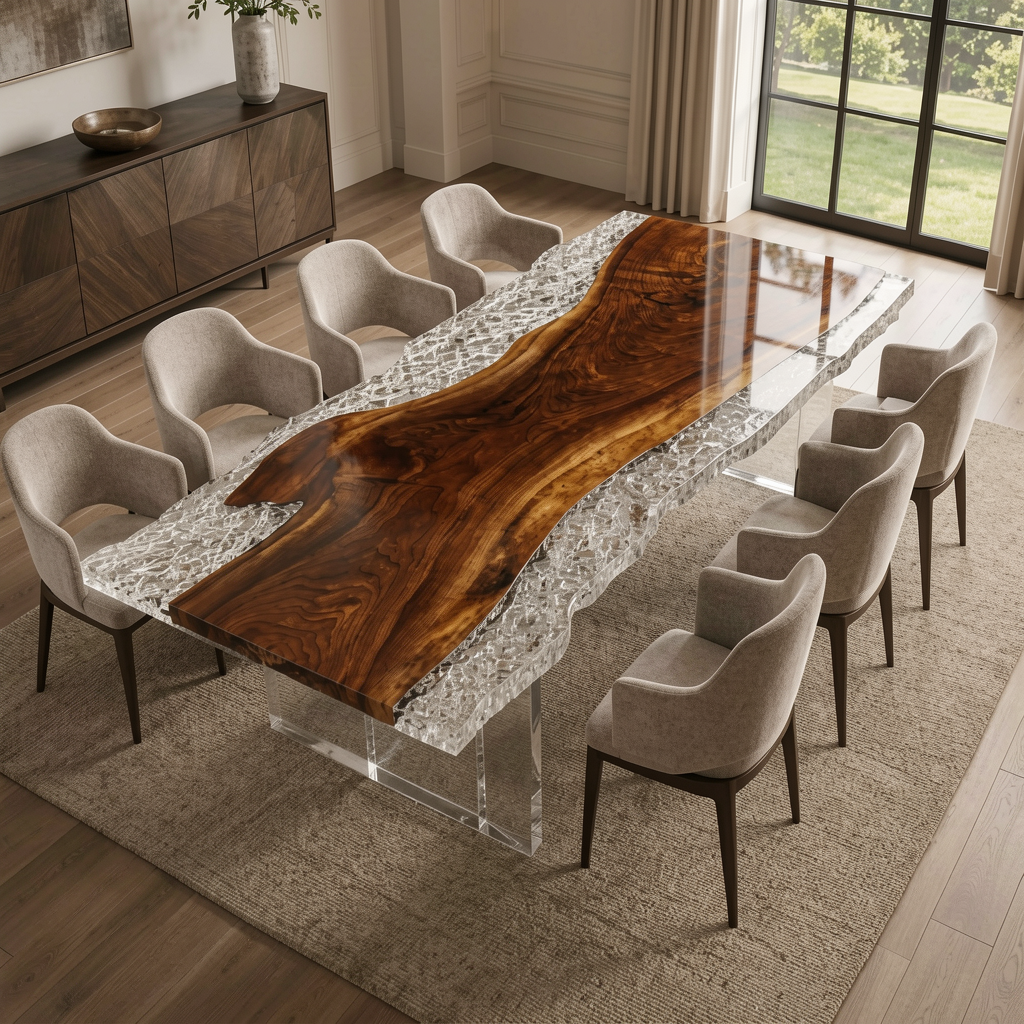 Black Walnut Wood Crushed Ice Clear Edge Epoxy Resin Dining Table 37.4"W x 93.7"L Thickness 2.0"
