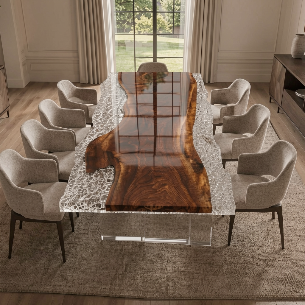 Black Walnut Wood Crushed Ice Clear Edge Epoxy Resin Dining Table 37.4"W x 93.7"L Thickness 2.0"