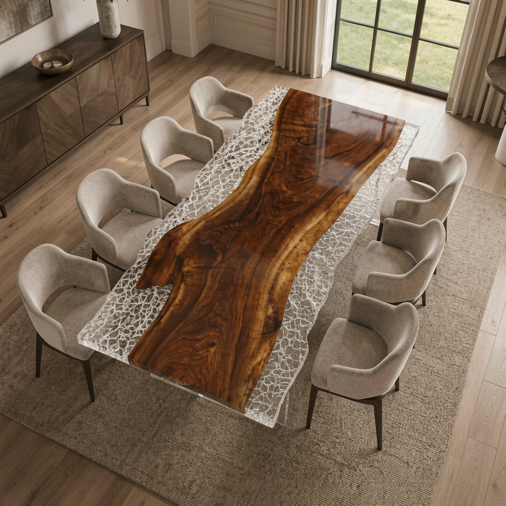 Black Walnut Wood Crushed Ice Clear Edge Epoxy Resin Dining Table 37.4"W x 93.7"L Thickness 2.0"
