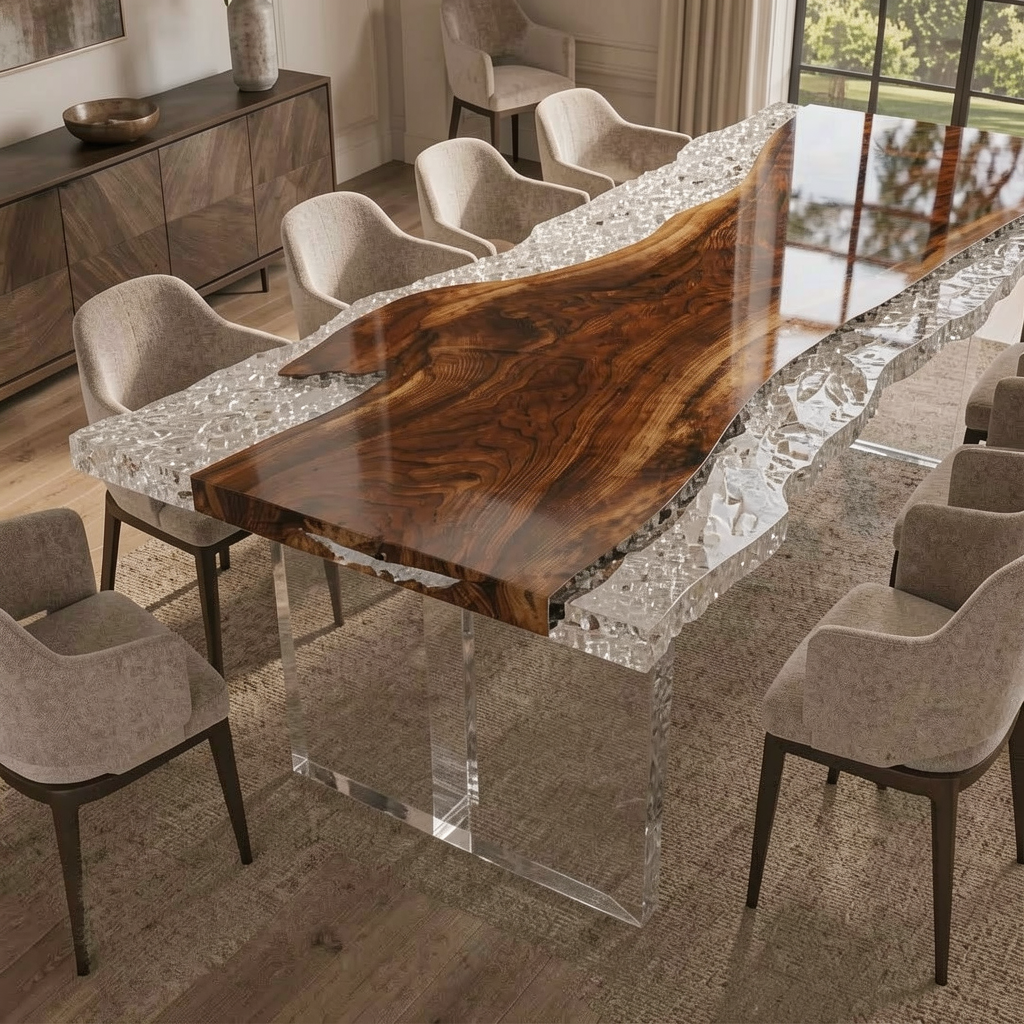 Black Walnut Wood Crushed Ice Clear Edge Epoxy Resin Dining Table 37.4"W x 93.7"L Thickness 2.0"