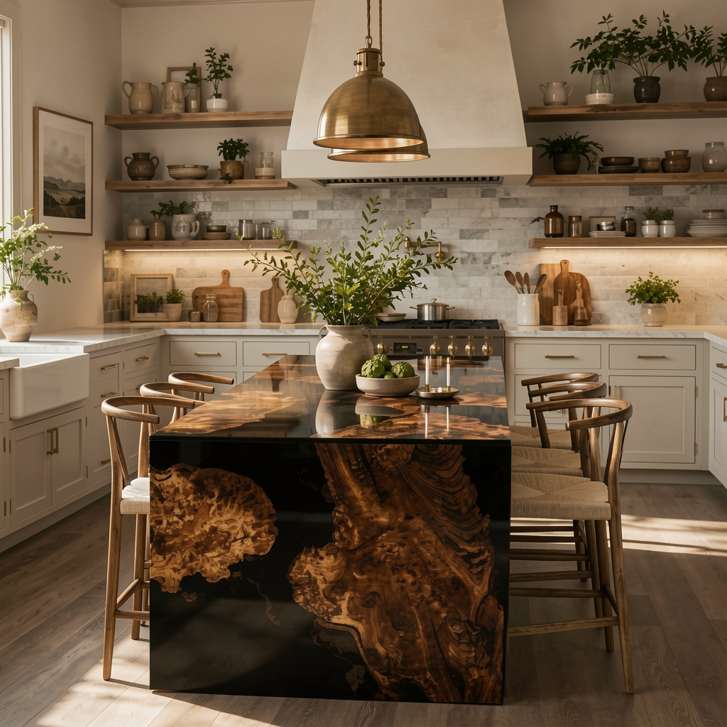 Waterfall Epoxy Dining Table – Burl Wood & Black Resin Statement Table 60″ x 30″ x 30″