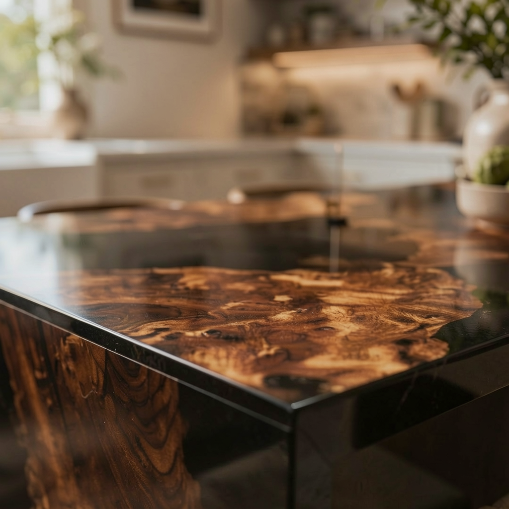 Waterfall Epoxy Dining Table – Burl Wood & Black Resin Statement Table 60″ x 30″ x 30″