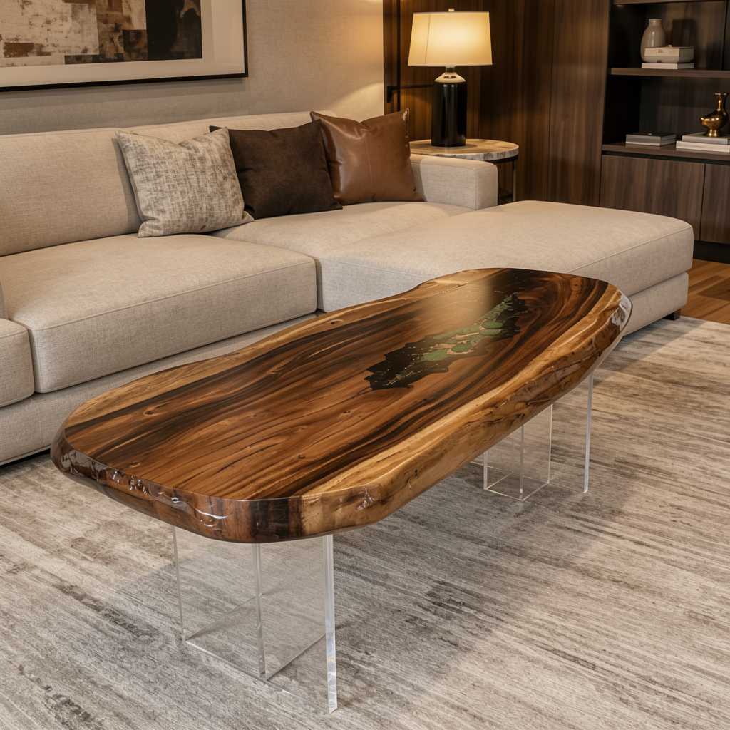 Walnut Wood Natural Slab Greenery Resin Table 30“W x 63"L