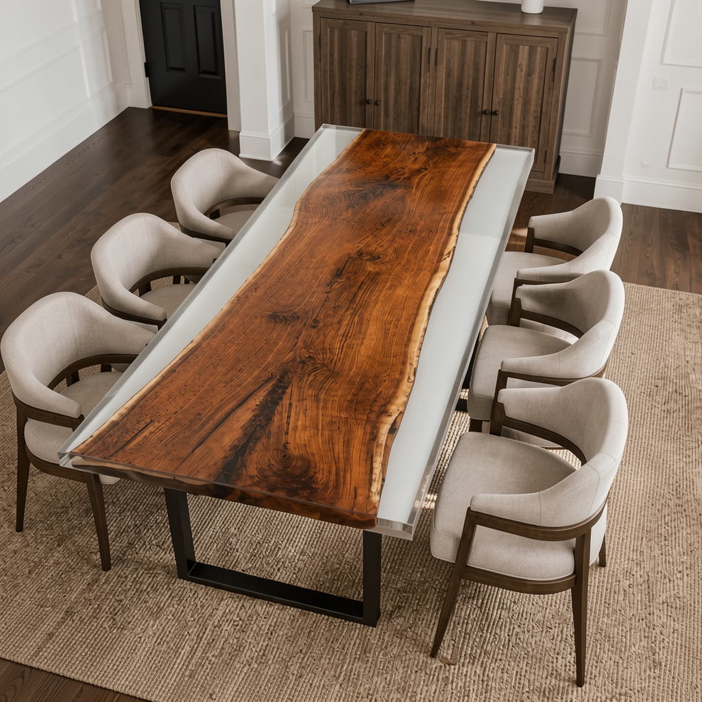 Black Walnut Wood with White Transparent Epoxy Resin Dining Table 31.5"W x 86.6"L Thickness 1.2"