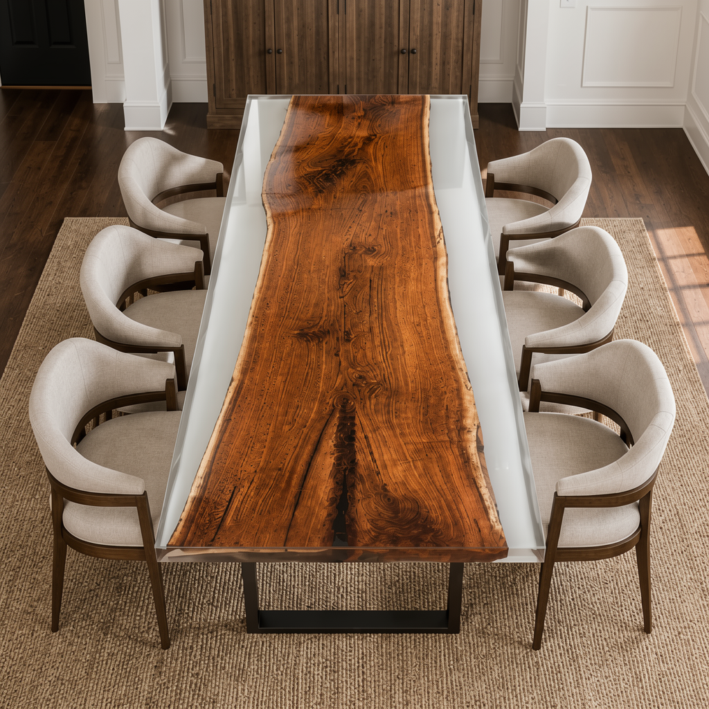 Black Walnut Wood with White Transparent Epoxy Resin Dining Table 31.5"W x 86.6"L Thickness 1.2"