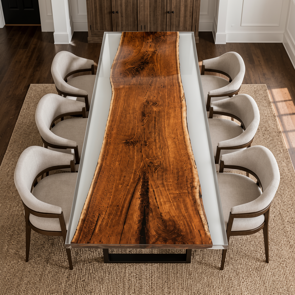 Black Walnut Wood with White Transparent Epoxy Resin Dining Table 31.5"W x 86.6"L Thickness 1.2"