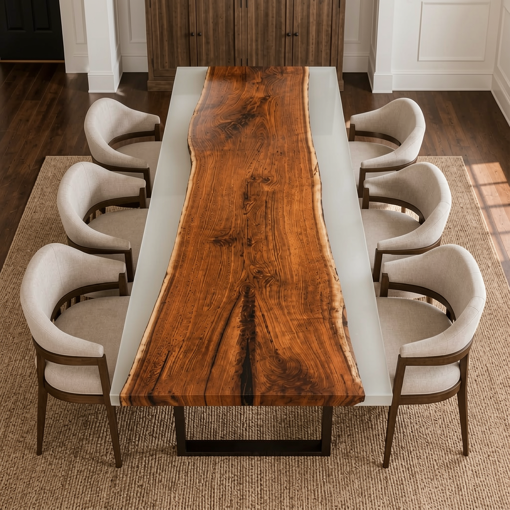Black Walnut Wood with White Transparent Epoxy Resin Dining Table 31.5"W x 86.6"L Thickness 1.2"