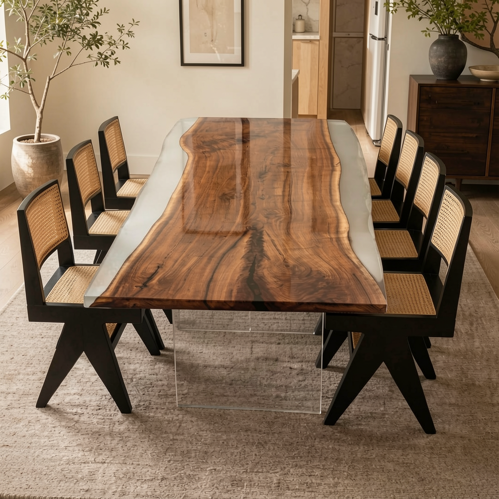 Black Walnut Wood with White Transparent Epoxy Resin Dining Table 35.4"W x 94.5"L Thickness 2.0"