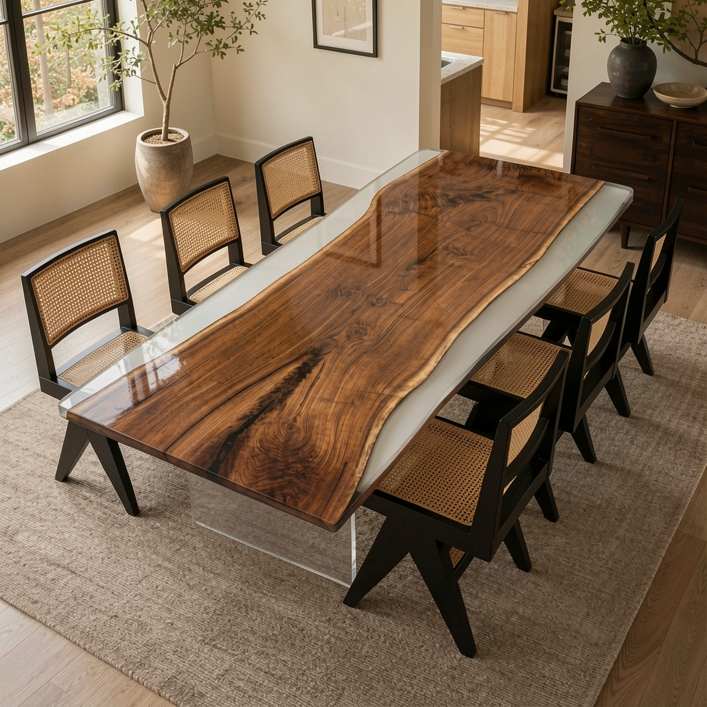 Black Walnut Wood with White Transparent Epoxy Resin Dining Table 35.4"W x 94.5"L Thickness 2.0"